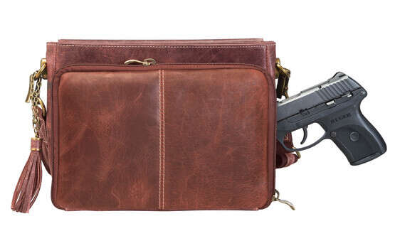 Gun Tote'n Mamas Distressed Buffalo Leather Shoulder Clutch in Red has zip closure compartments